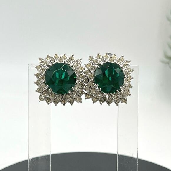 Green Prong Set Rhinestone Open Back Stacked Halo Silver Tone Clip on Earrings - Picture 1 of 7